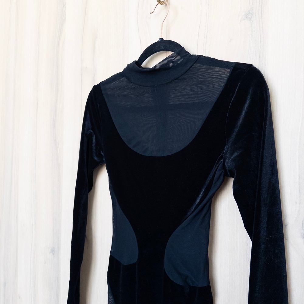 Naked Wardrobe Womens Velvet Bodycon Midi Dress S Black Mesh Long Sleeve Edgy - Picture 4 of 9